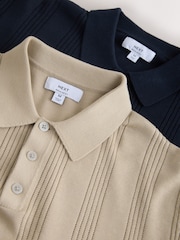 Neutro/azul marino - Regular Fit Cotton Rich Pointelle Stripe Knit Polo Shirts 2 Pack - Imagen 5 de 10