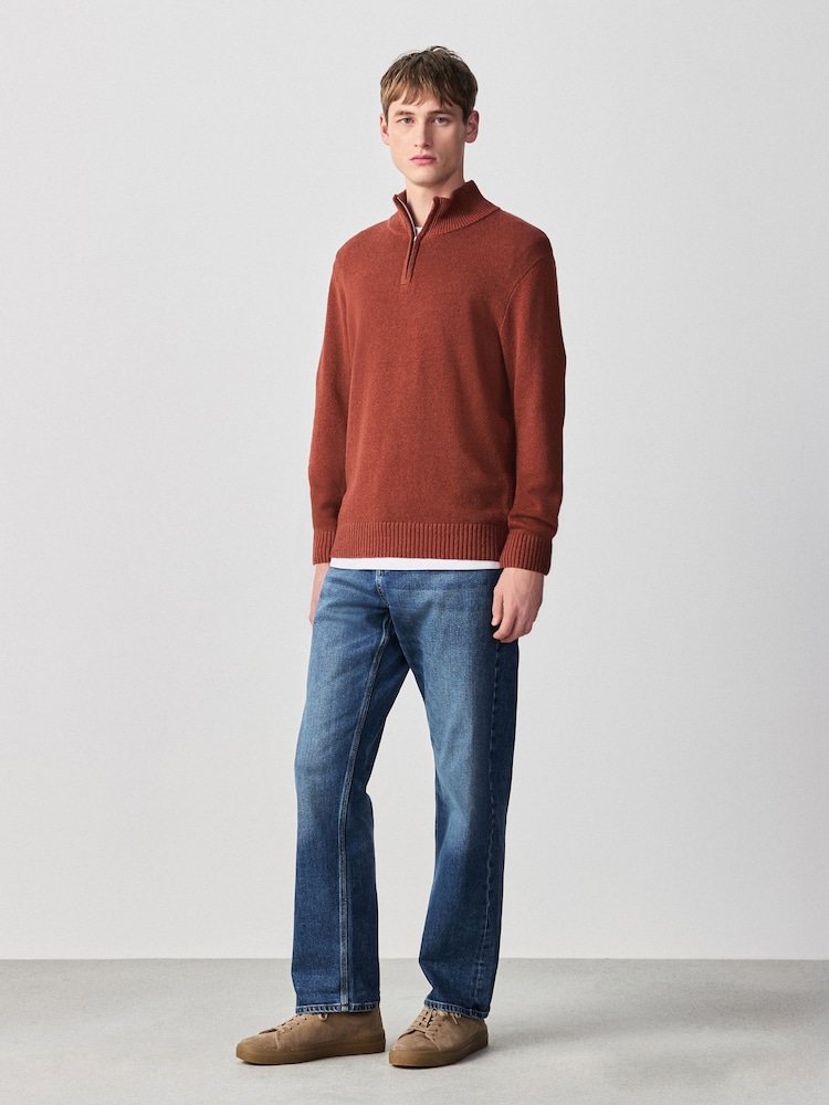 Red Regular Fit Linen Rich Quarter Zip Neck Jumper - Image 2 of 8