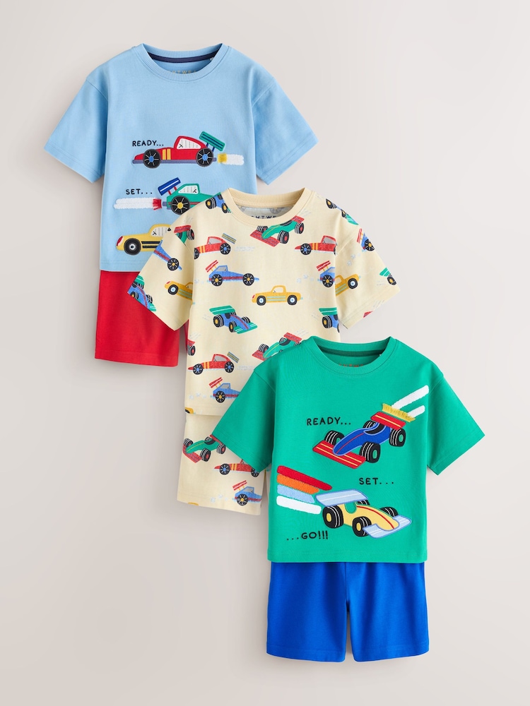Blue/Green/Red/Ecru Race Car Short Pyjamas 3 Pack (9mths-10yrs) - Image 1 of 9