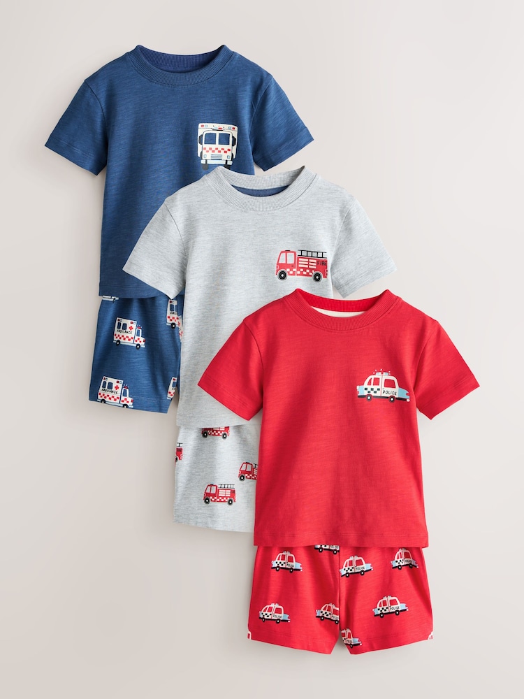 Red/Blue/Grey Emergency Vehicles - Kurze Pyjamas, 3er-Pack (9 Monate–8 Jahre) - Bild 1 von 7