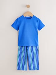 Blue/Green Stripe Woven Long Leg Short Sleeve Pyjamas 2 Pack (9mths-12yrs) - Image 2 of 6