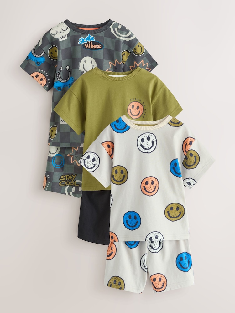 Black/Green/Stone Happy Face Short Pyjamas Happy Face 3 Pack (9mths-12yrs) - Image 1 of 8