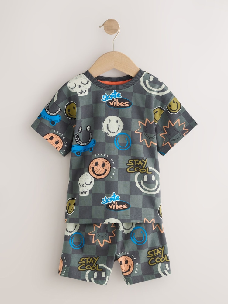 Black/Green/Stone Happy Face Short Pyjamas Happy Face 3 Pack (9mths-12yrs) - Image 2 of 8