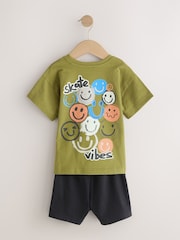 Black/Green/Stone Happy Face Short Pyjamas Happy Face 3 Pack (9mths-12yrs) - Image 6 of 8