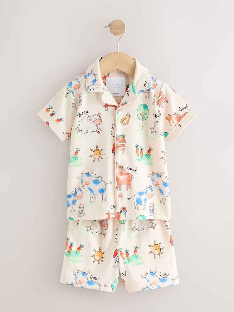 Ecru/Yellow/Blue/Green Farmyard Single Button Through Short Pyjamas (9mths-8yrs) - Image 1 of 4