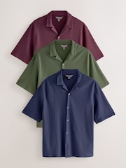 Navy/Olive Green/Rose Pink Short Sleeve Revere Collar Textured Jersey Shirts 3 Pack - Image 1 of 9