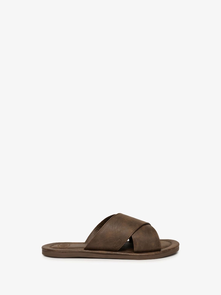 Superdry Dark Brown Vintage Cross Strap Slides - Image 1 of 8