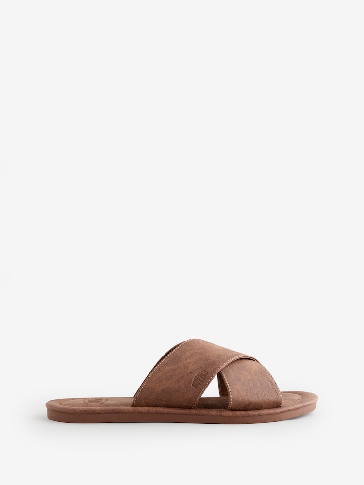 Superdry Tan Brown Vintage Cross Strap Slides - Image 2 of 2