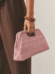 Pink Raffia-Effect Snap Clutch Bag - Image 1 of 9