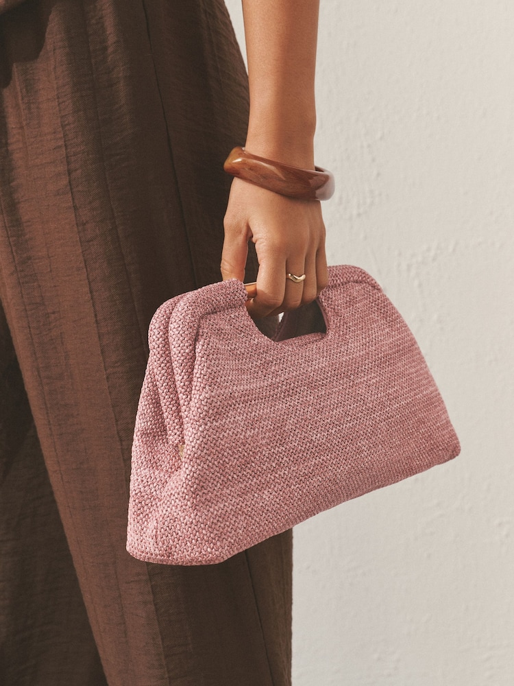 Pink Raffia-Effect Snap Clutch Bag - Image 1 of 9