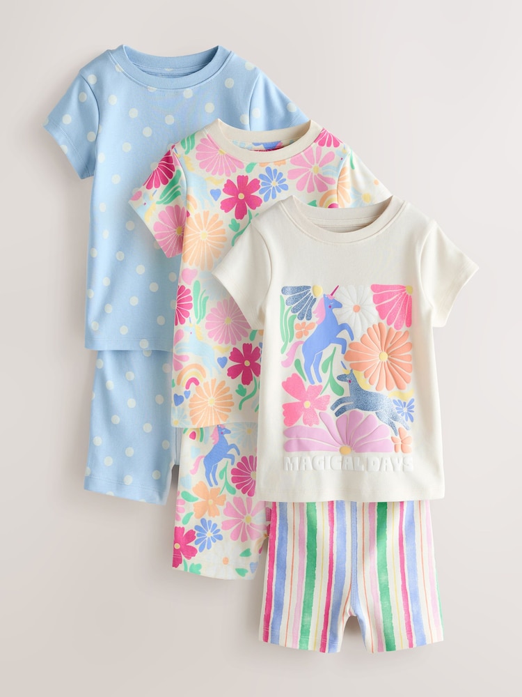 Pink Floral Unicorn Short Pyjamas 3 Pack (9mths-12yrs) - Image 1 of 7