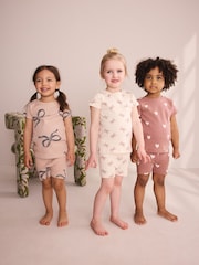Mocha Brown Bow Print Short Pyjamas 3 Pack (9mths-12yrs) - Image 1 of 4