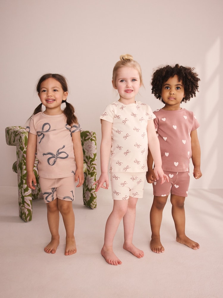 Mocha Brown Bow Print Short Pyjamas 3 Pack (9mths-12yrs) - Image 1 of 4