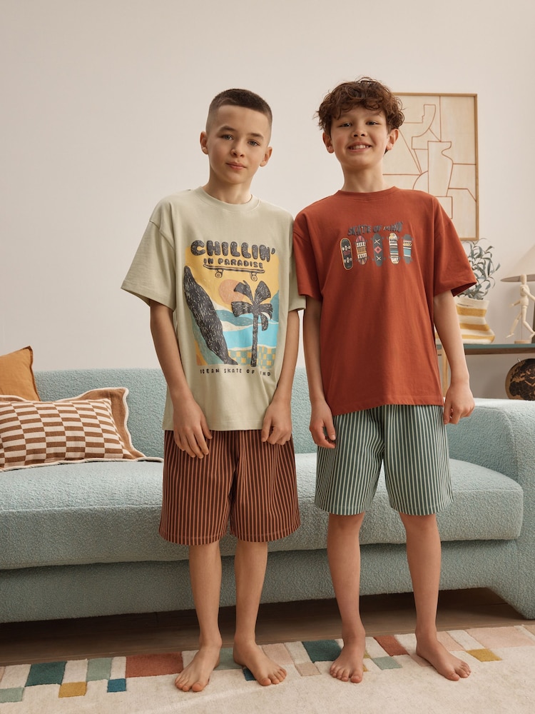 Rust Red/ Ecru Skater Woven Shorts Pyjamas 2 Pack (4-16yrs) - Image 1 of 9 Rust Red/ Ecru Skater Woven Shorts Pyjamas 2 Pack (4-16yrs) - Image 1 of 9