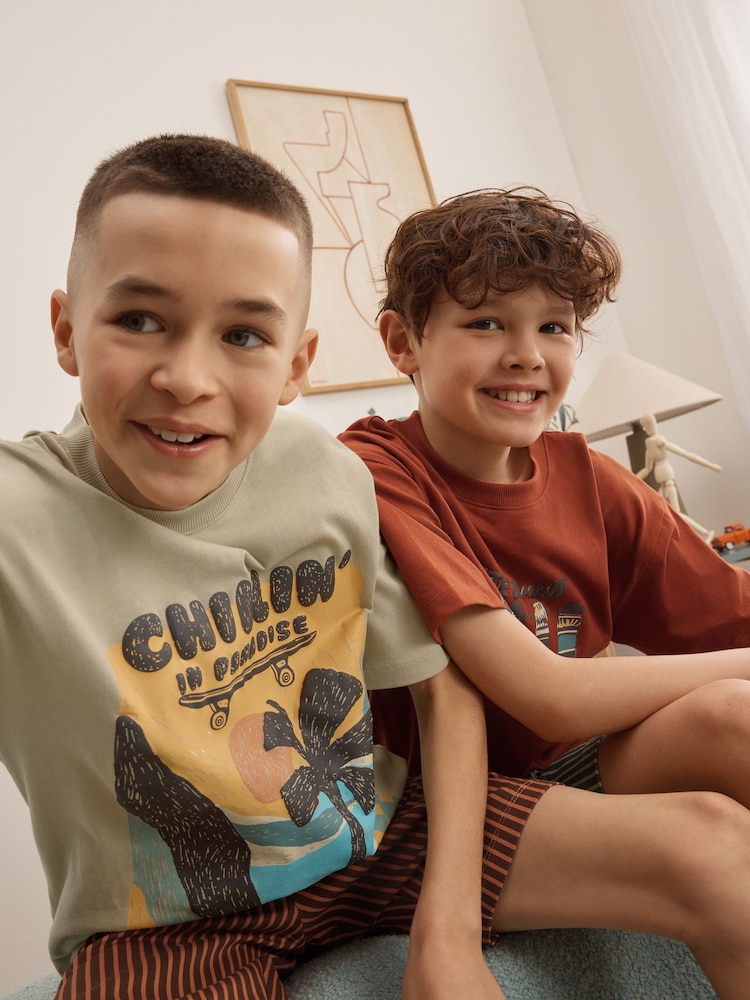 Rust Red/ Ecru Skater Woven Shorts Pyjamas 2 Pack (4-16yrs) - Image 2 of 9 Rust Red/ Ecru Skater Woven Shorts Pyjamas 2 Pack (4-16yrs) - Image 2 of 9