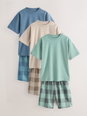 Blue/Green/Stone Woven Short Pyjamas 3 Pack (3-16yrs) - Image 1 of 7
