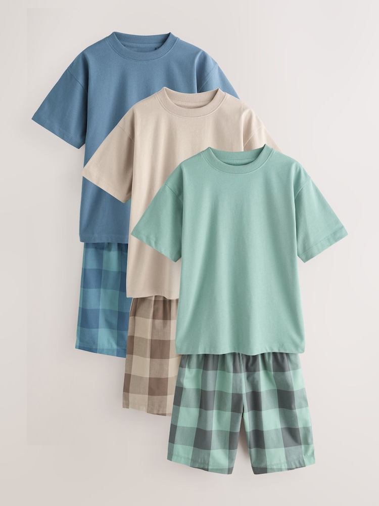 Blue/Green/Stone Woven Short Pyjamas 3 Pack (3-16yrs) - Image 1 of 7