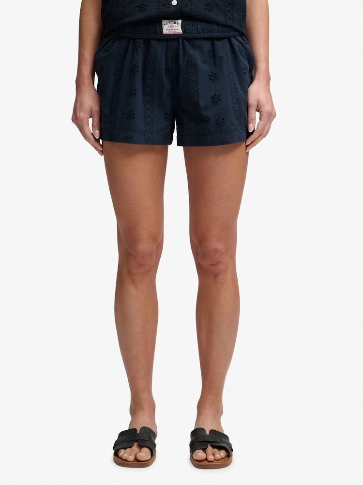 Superdry Navy Cotton Broderie Beach Shorts - Image 1 of 5 Superdry Navy Cotton Broderie Beach Shorts - Image 1 of 5