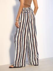 Brown/Navy Blue Stripe Linen Blend Wide Leg Trousers - Image 4 of 8