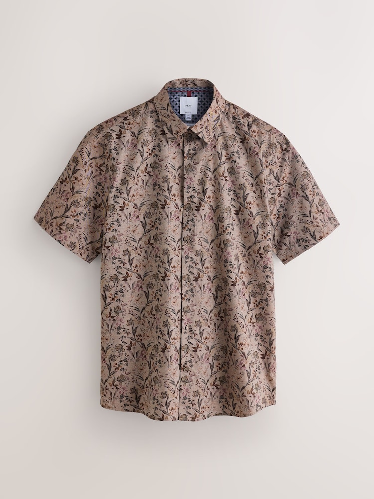 Neutral Brown Floral Regular Fit 100% Cotton Short Sleeve Print Shirt - Image 1 of 3