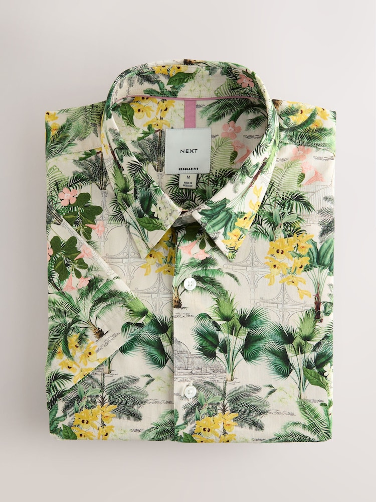 Neutral Brown Botanical Regular Fit Kew Garden Print Short Sleeve Shirt - Image 1 of 3
