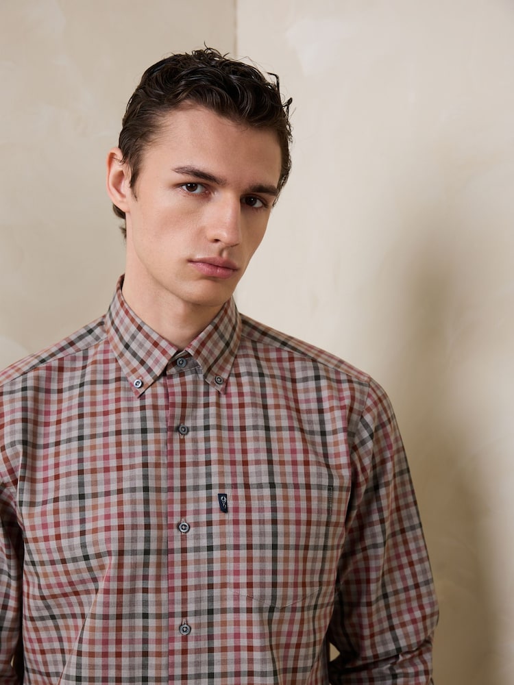 ニュートラル/ピンクギンガム - レギュラーフィット イージーアイロン ボタンダウン オックスフォードシャツ - 画像 1 / 6