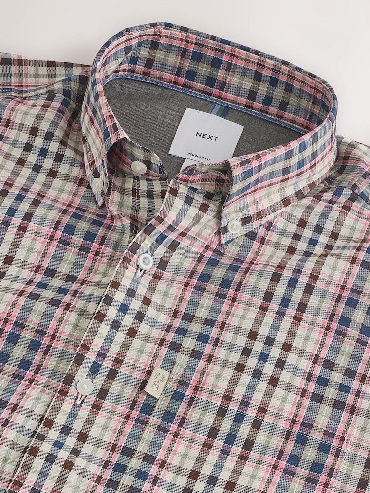 Neutral/Pink Gingham Regular Fit Easy Iron Button Down Oxford Shirt - Image 3 of 3 Neutral/Pink Gingham Regular Fit Easy Iron Button Down Oxford Shirt - Image 3 of 3