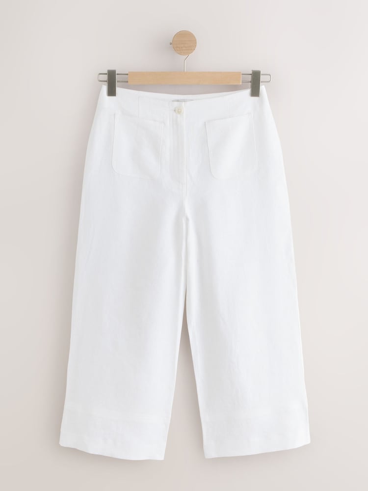 White N. Premium 100% Linen Crop Wide Leg Trousers - Image 1 of 3 White N. Premium 100% Linen Crop Wide Leg Trousers - Image 1 of 3