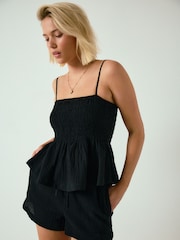 Black Textured Cami Top With Linen - Image 1 of 7