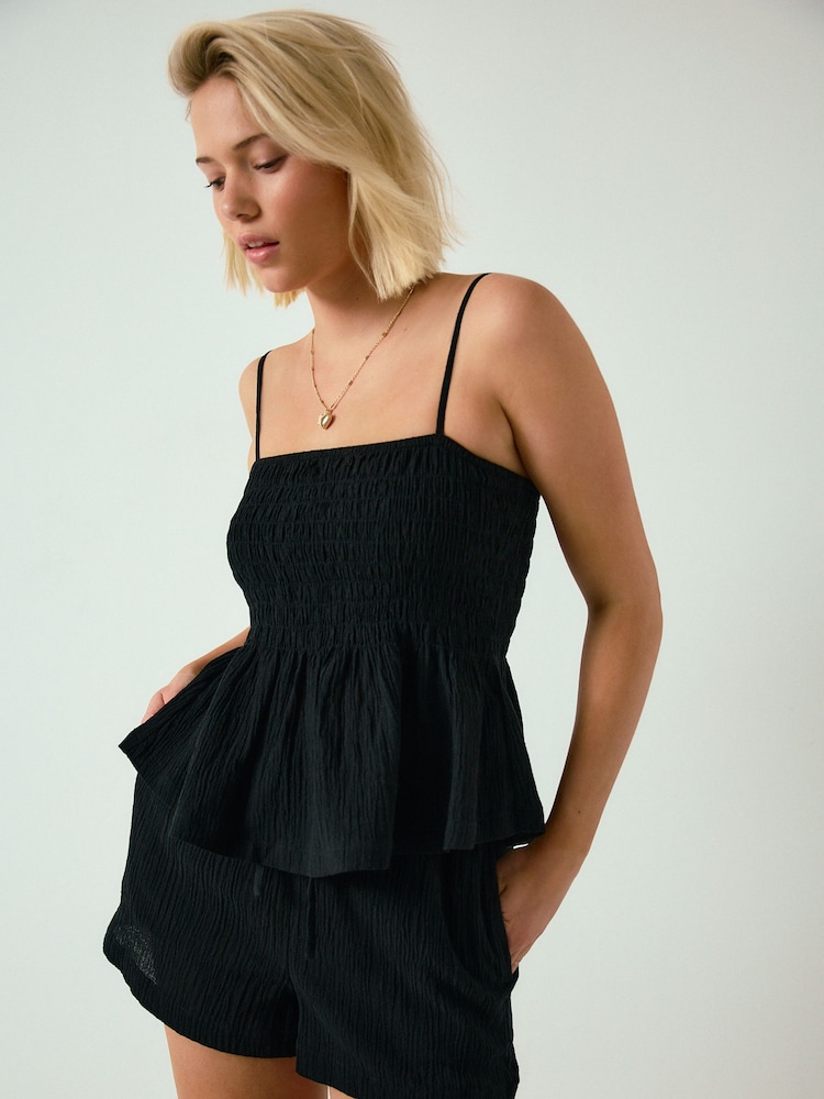Black Textured Cami Top With Linen - Image 1 of 7