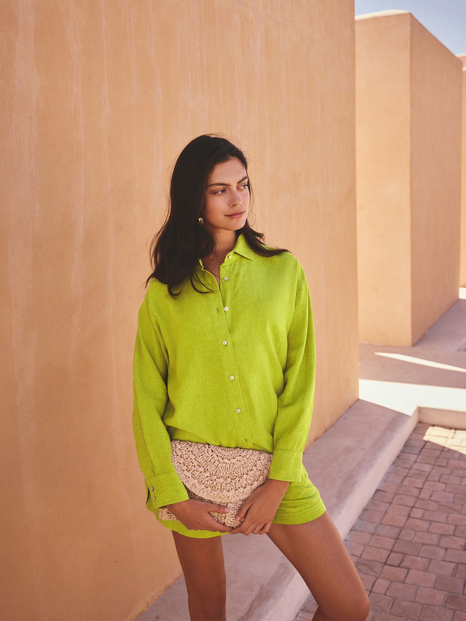 Buy Lime Green Linen Blend Long Sleeve Shirt from the Next UK