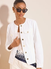 Lipsy White Petite Collarless Cinched Waist Denim Jacket - Image 1 of 5