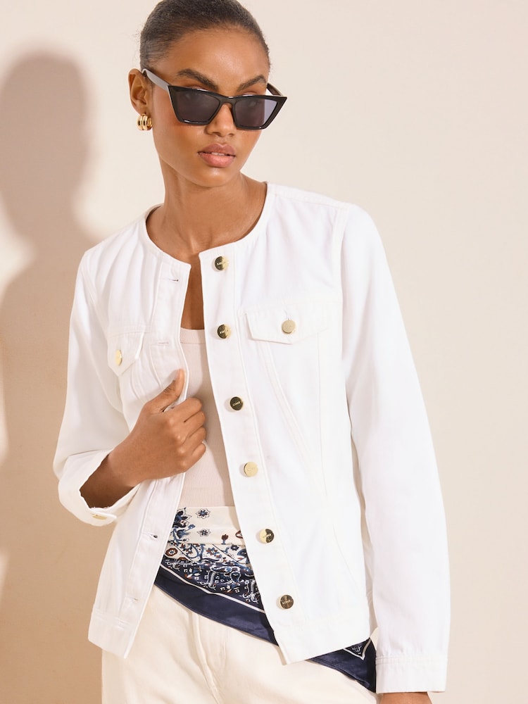 Lipsy White Petite Collarless Cinched Waist Denim Jacket - Image 1 of 5