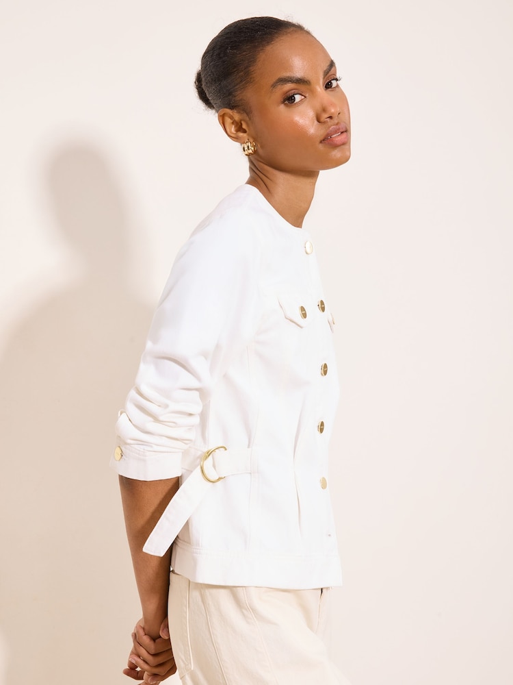 Lipsy White Petite Collarless Cinched Waist Denim Jacket - Image 2 of 5