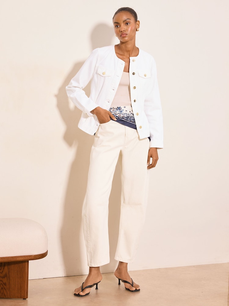 Lipsy White Petite Collarless Cinched Waist Denim Jacket - Image 5 of 5
