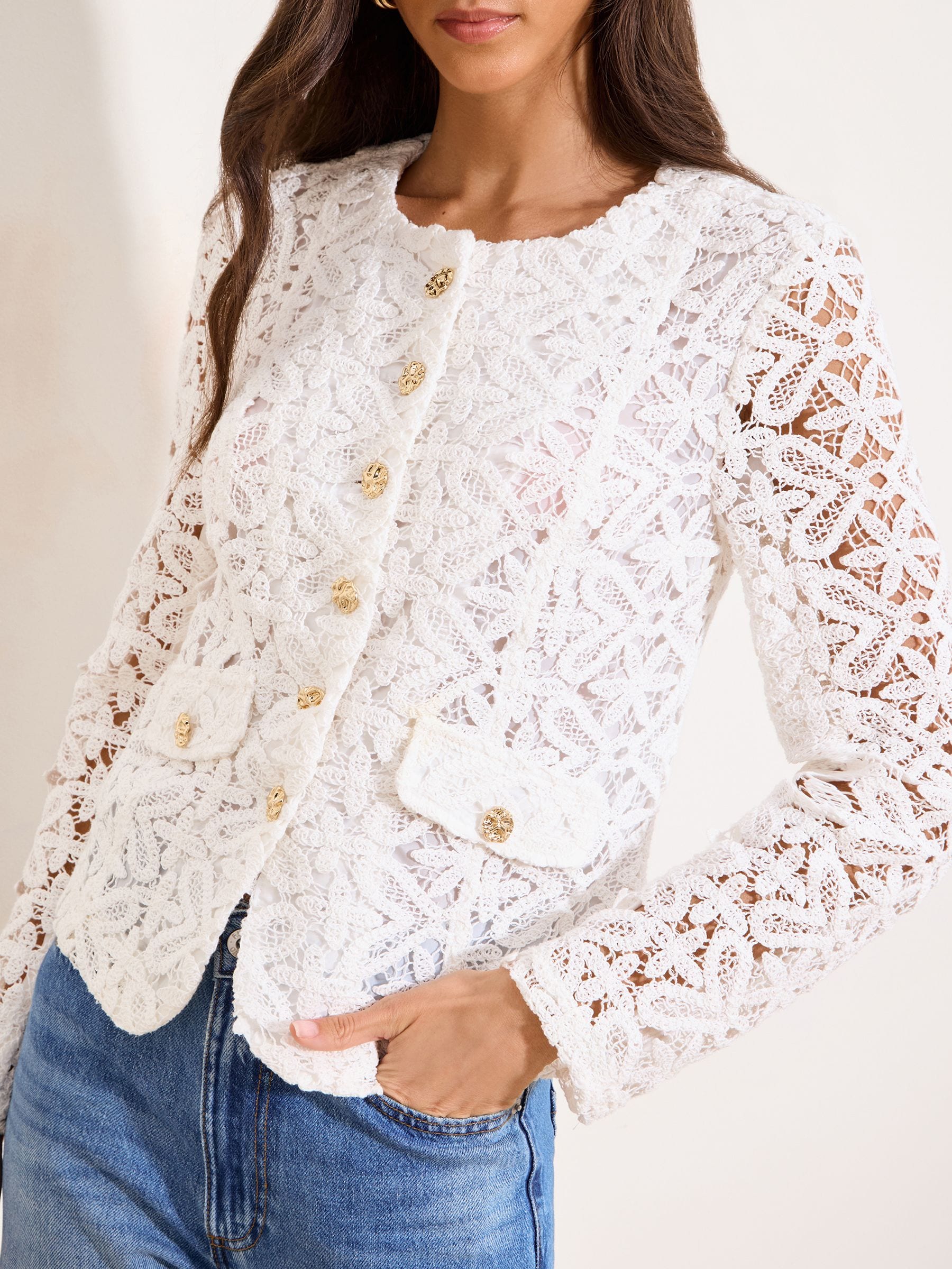 Buy Lipsy White Crochet Lace Collarless Jacket from the Next UK
