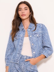 Lipsy Mid Wash Blue Floral Print Bracelet Sleeve Denim Jacket - Image 1 of 4