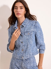 Lipsy Mid Wash Blue Floral Print Bracelet Sleeve Denim Jacket - Image 2 of 4