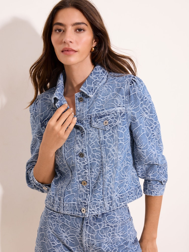 Lipsy Mid Wash Blue Floral Print Bracelet Sleeve Denim Jacket - Image 2 of 4