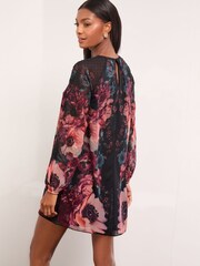 Lipsy Black Floral Lace Insert Long Sleeve Shift Dress - Image 4 of 4