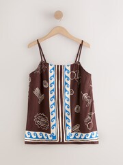 Brown/Blue Print Long Line Cami Top with Linen - Image 1 of 3