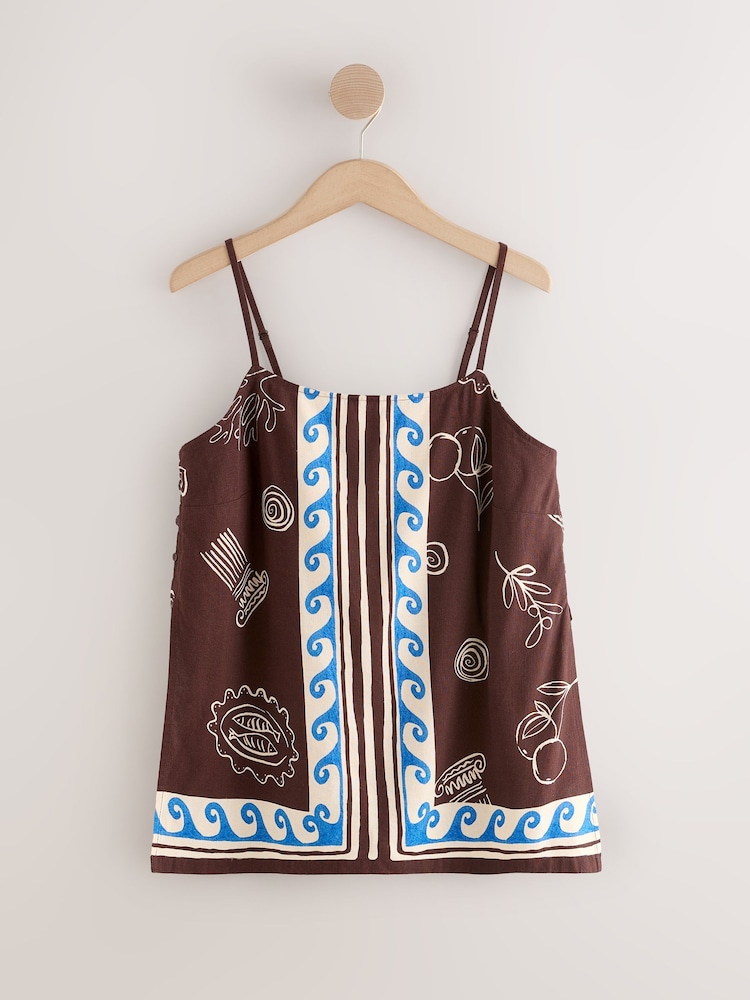 Brown/Blue Print Long Line Cami Top with Linen - Image 1 of 3