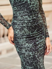 Sosandar Green Leopard Print Ruched Dress - Image 4 of 5