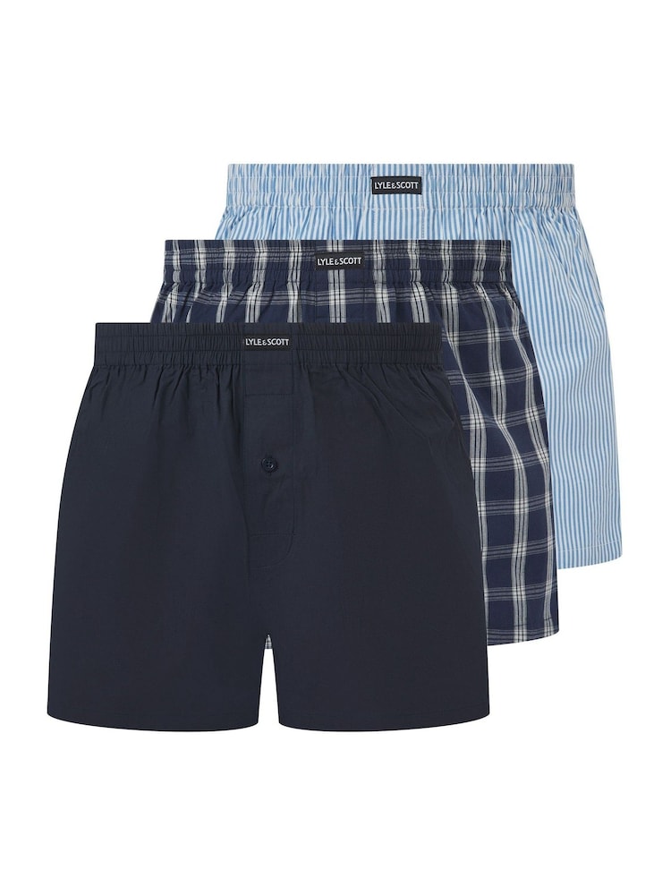 Lyle & Scott Blue Robinson Woven Boxers 3 Pack - Image 1 of 4 Lyle & Scott Blue Robinson Woven Boxers 3 Pack - Image 1 of 4