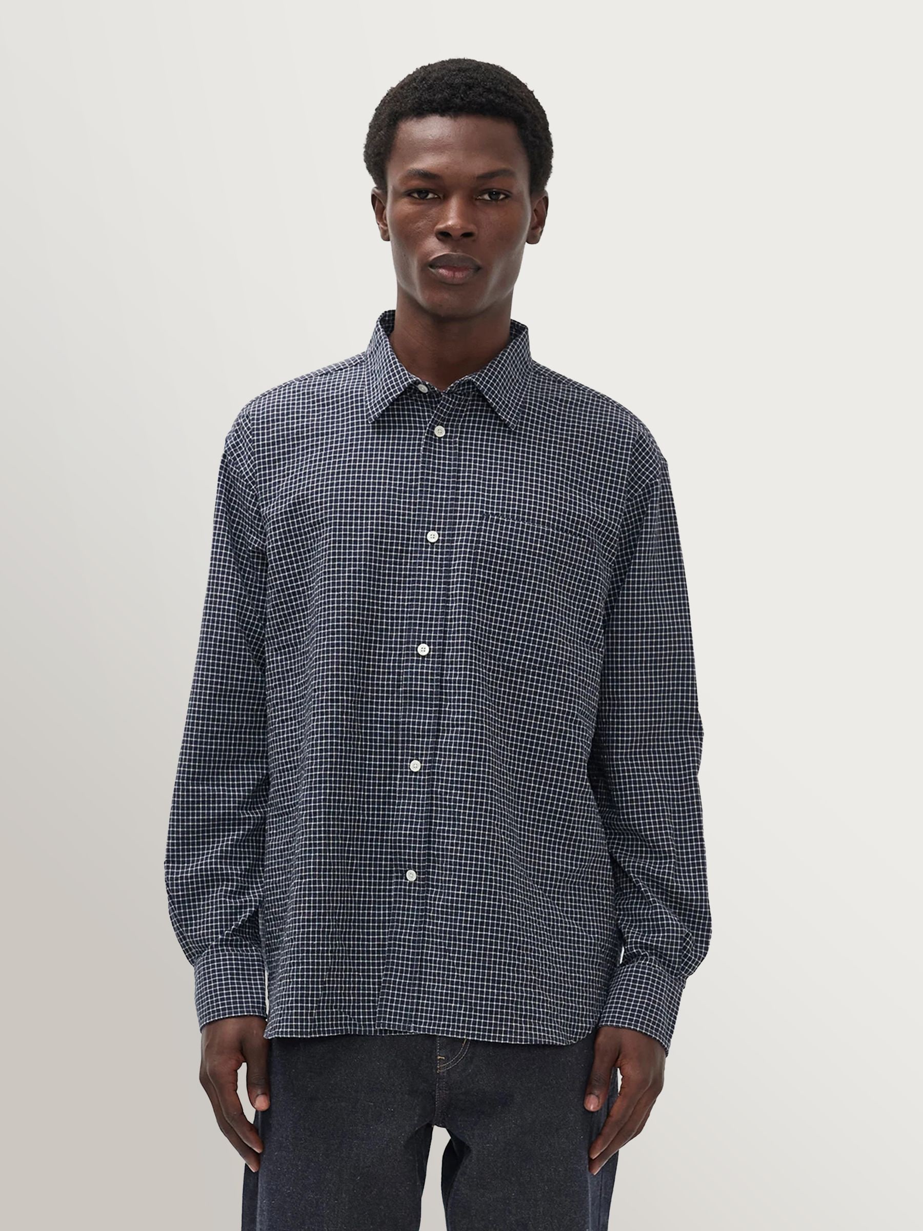 NODZOK【ノゾク】REGULAR BROAD OVER SHIRTS Buy Norse Projects Dark Navy Espevik Check Oversized Shirt from