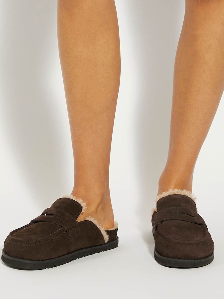 Dune London Brown Goldy Shearling Lined Backless Loafers - Image 1 of 6 Dune London Brown Goldy Shearling Lined Backless Loafers - Image 1 of 6