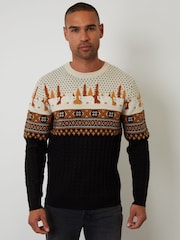 Threadbare Black Cable Knit Fairisle Pattern Christmas Jumper - Image 2 of 5