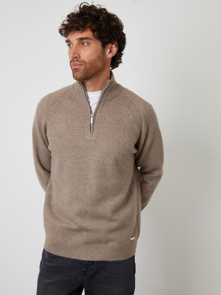 Threadbare Brown Raglan Rib Quarter Zip Knitted Jumper - Image 2 of 5 Threadbare Brown Raglan Rib Quarter Zip Knitted Jumper - Image 2 of 5