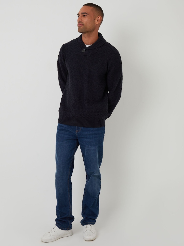 Threadbare Blue Basket Stitch Knitted Shawl Neck Jumper - Image 2 of 4 Threadbare Blue Basket Stitch Knitted Shawl Neck Jumper - Image 2 of 4