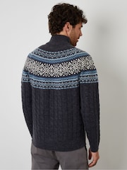 Threadbare Blue Fairisle Cable Knit Quarter Zip Jumper - Image 2 of 4